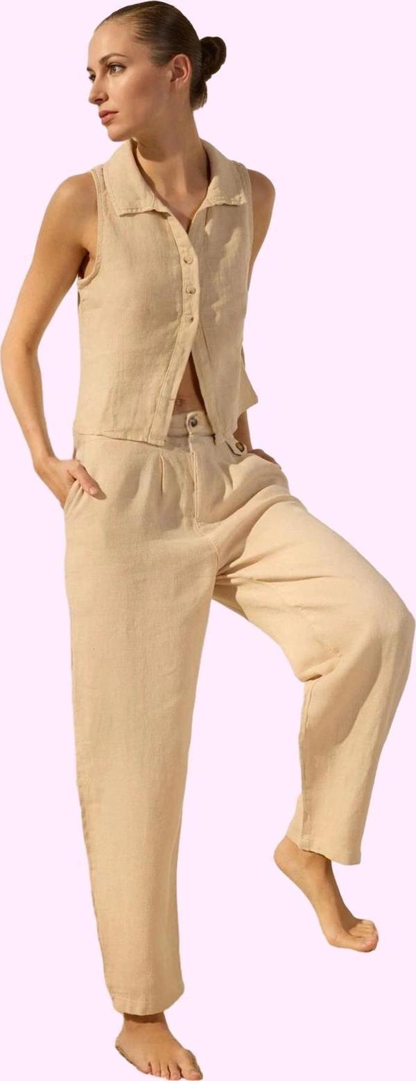 Kadın Keten Denim Pantolon Yüksek Bel Geniş Paça Yazlık Rahat Günlük Kullanım Modern Tasarım - Image 1