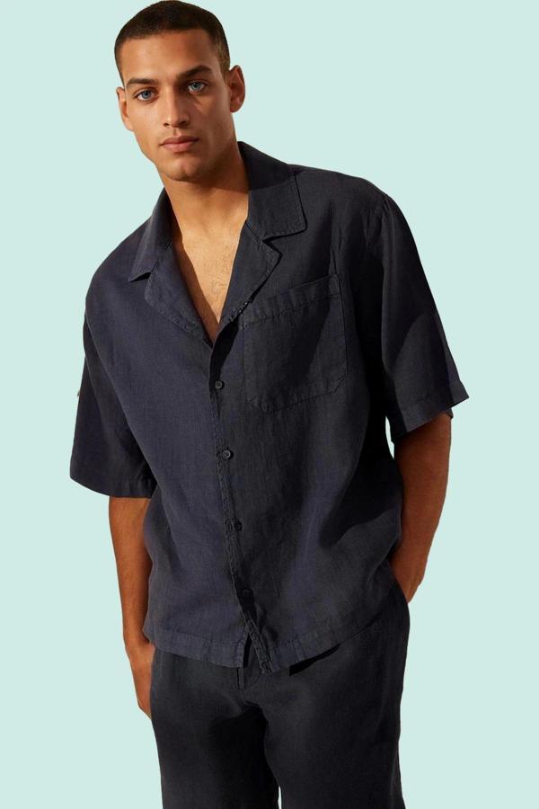 Erkek Keten Kısa Kollu Gömlek Regular Boy Oversize Apaş Yaka Günlük Kullanım İçin Hafta Sonu - Image 1