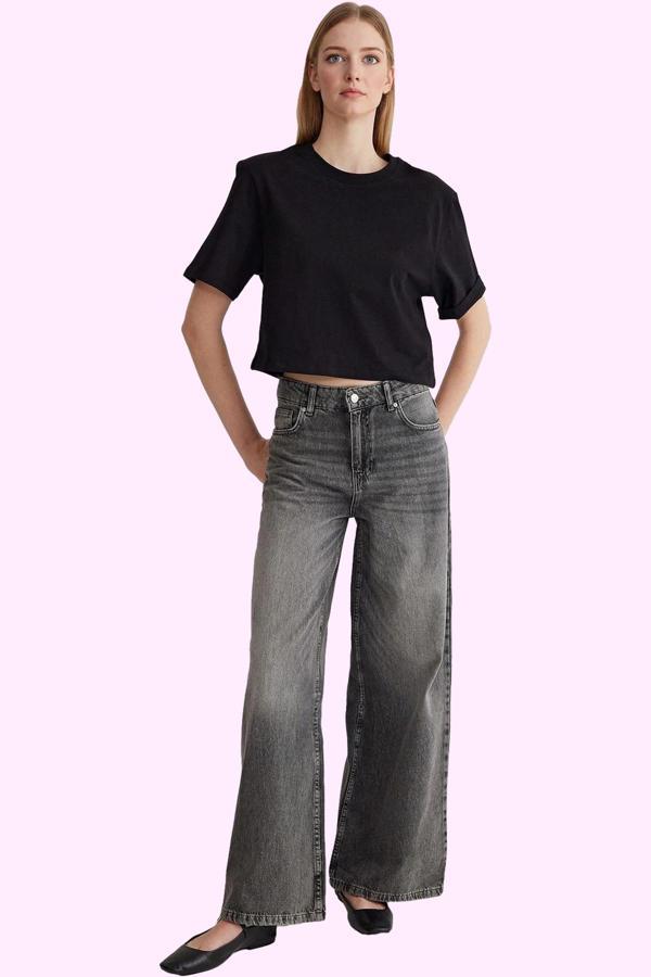 Kadın Pamuk Denim Kot Pantolon Normal Bel Baggy Geniş Paça Günlük Kullanım Kaliteli Malzeme - Image 1