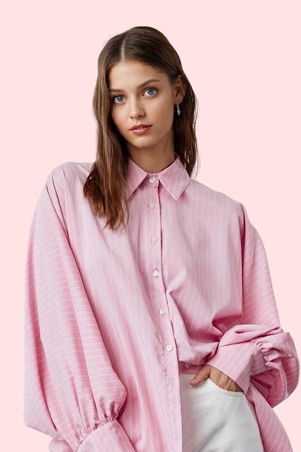 Kadın Çizgili Oversize Gömlek Uzun Kollu Rahat Günlük Stil Hafta Sonu Yaz Aylarının Vazgeçilmezi - Image 1