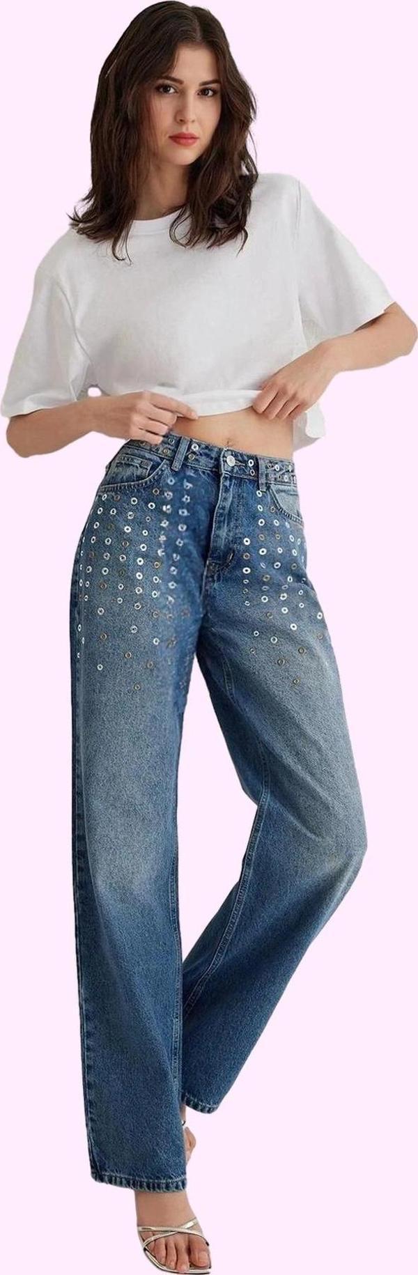 Kadın Denim Kuşgözü Detaylı Pamuk Wide Leg Jean Günlük Ve İş Hayatına Uygun Modern Tasarım - Image 1