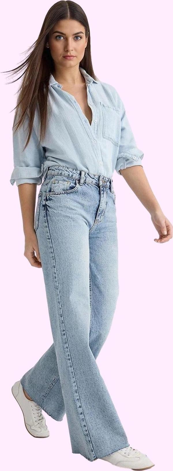 Kadın Pamuk Denim Jean Pantolon; Rahat Geniş Paça Normal Bel Günlük Kullanım Modern Tasarım - Image 1