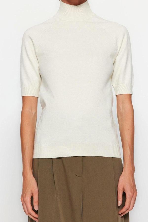 Moda Dik Yaka Triko Slim Düz Desen Casual Günlük Regular Kısa Kol Bluz - Image 1