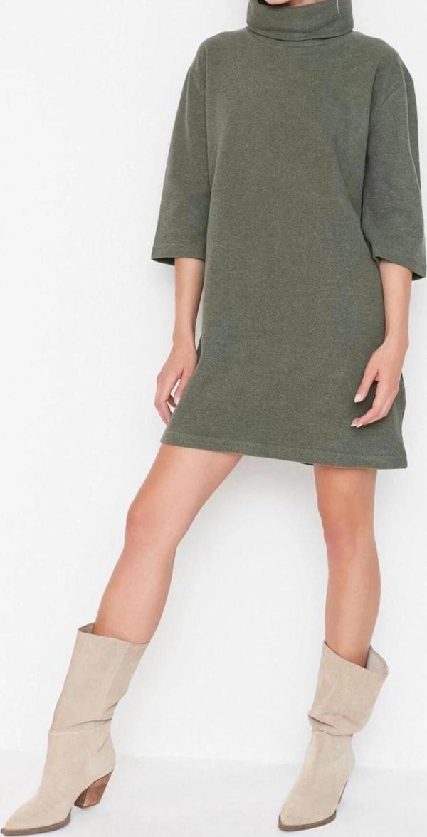 Moda Rahat Casual Günlük Selanik Örme Balıkçı Yaka Truvakar Kol Kol Shift Mini Boy Elbise - Image 1