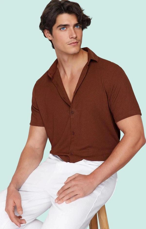 Erkek Kısa Kolli Örme Bürümcük Dokulu Gömlek Günlük Şık Kombinler Yazlık Dayanıklı Malzeme - Image 1