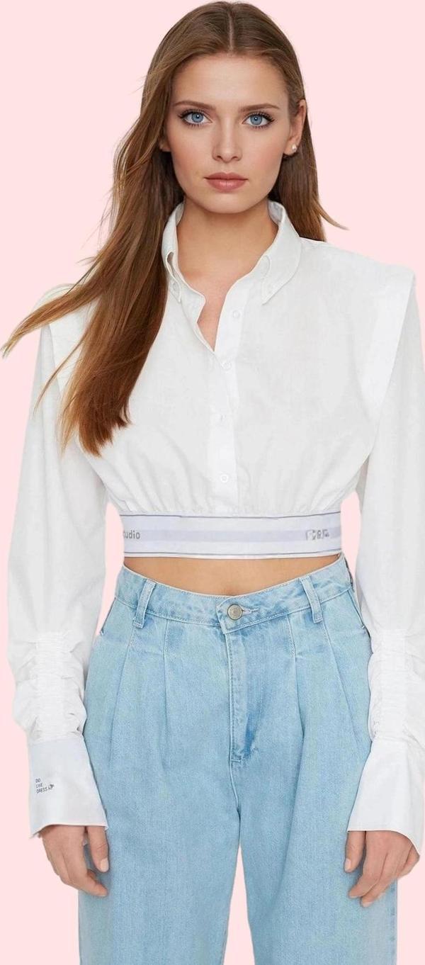 Kadın Poplin Dokuma Crop Gömlek Düz Desen Yaka Rahat Kalıp Günlük Kullanım Kaliteli Malzeme - Image 1