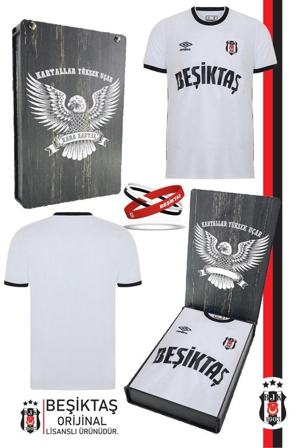 Beşiktaş Orijinal Lisanslı Nostalji Beyaz Çocuk Forma + Bileklik Set Hediyelik Ahşap Kutu - Image 1