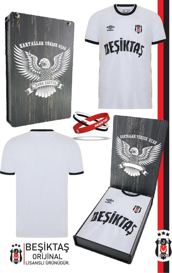 Beşiktaş Orijinal Lisanslı Nostalji Beyaz Çocuk Forma + Bileklik Set Hediyelik Ahşap Kutu - Image 1