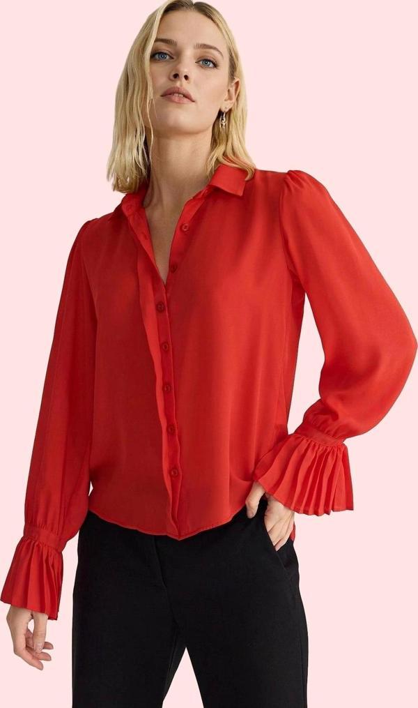 Kadın Dokuma Gömlek İspanyol Kol Düz Desen Regular Kalıp İş ve Günlük Kullanım İçin Hafta Sonu - Image 1