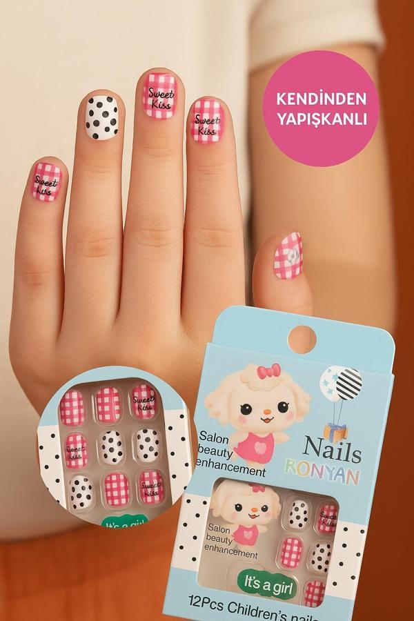 12 li Yapışkan Stickerlı Renkli Baskılı Çocuk Takma Tırnak Oyuncak Seti - 5- 14 Yaş Arası - Model 51 - Image 1