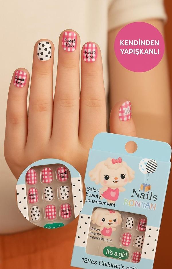 12 li Yapışkan Stickerlı Renkli Baskılı Çocuk Takma Tırnak Oyuncak Seti - 5- 14 Yaş Arası - Model 51 - Image 1