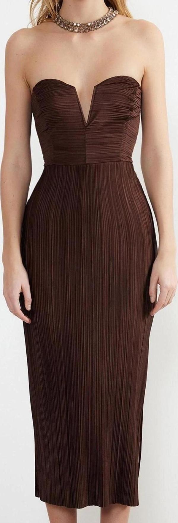 Moda Fit Mezuniyet Balo Pilise Örme Straplez Kolsuz Kol Bodycone Midi Boy Elbise - Image 1