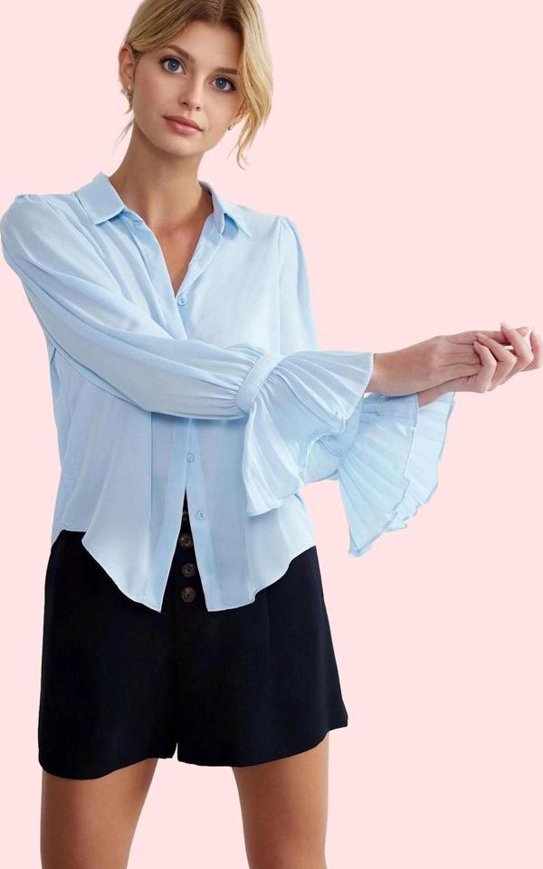 Kadın Dokuma Gömlek İspanyol Kol Düz Desen Regular Kalıp İş ve Günlük Kullanım İçin Hafta Sonu - Image 1