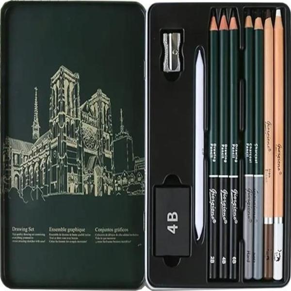 Karakalem Seti 10 Parça 1 Paket Teneke Metal Kutu Eskiz Çizim Seti Kara Kalem - Image 1