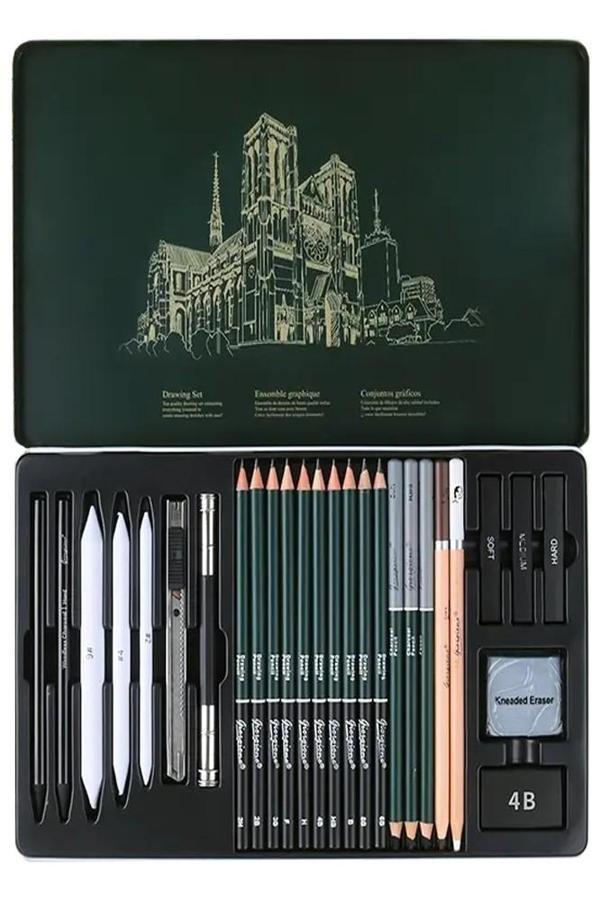Karakalem Seti 27 Parça 1 Paket Teneke Metal Kutu Eskiz Çizim Seti Kara Kalem - Image 1