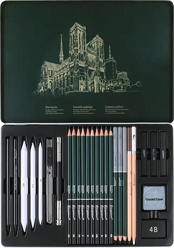 Karakalem Seti 27 Parça 1 Paket Teneke Metal Kutu Eskiz Çizim Seti Kara Kalem - Image 1