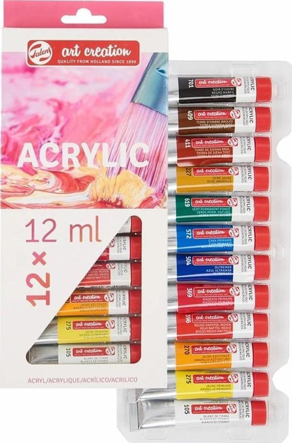 Talens 12 Renk Akrilik Boya 1 Paket Art Creation Acrylic Colour 12x12ml Akrilik Boya Seti Canlı Renkler Tuval Resim - Image 1