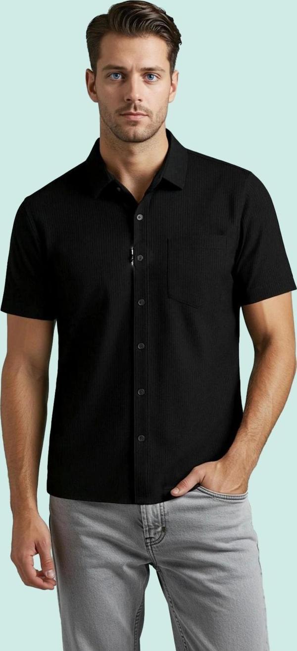 Erkek Regular Fit Kısa Kollu Gömlek Dokulu Örme Kumaş Rahat Günlük Stil Yaz Aylarının Vazgeçilmezi - Image 1