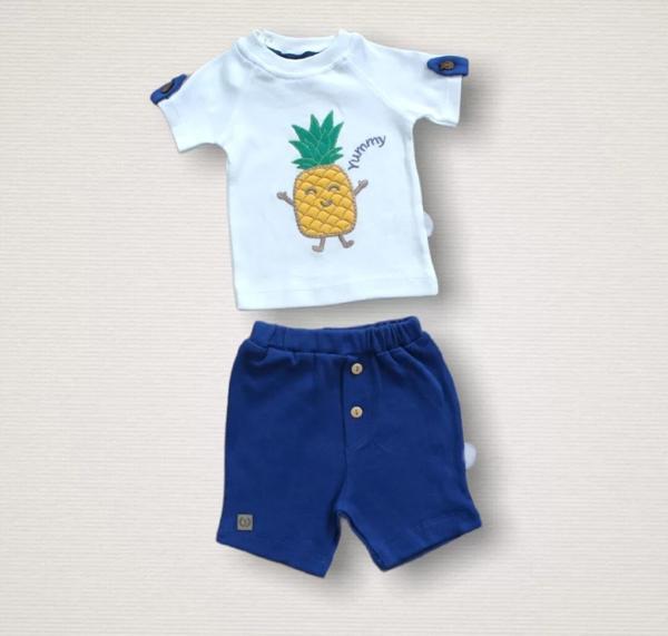 6-9 9-12 12-18 Ay Ananas Nakışlı Kısa Kollu Sweatli Şortlu 2li Kız-erkek Bebek Takımı Mavi - Image 1