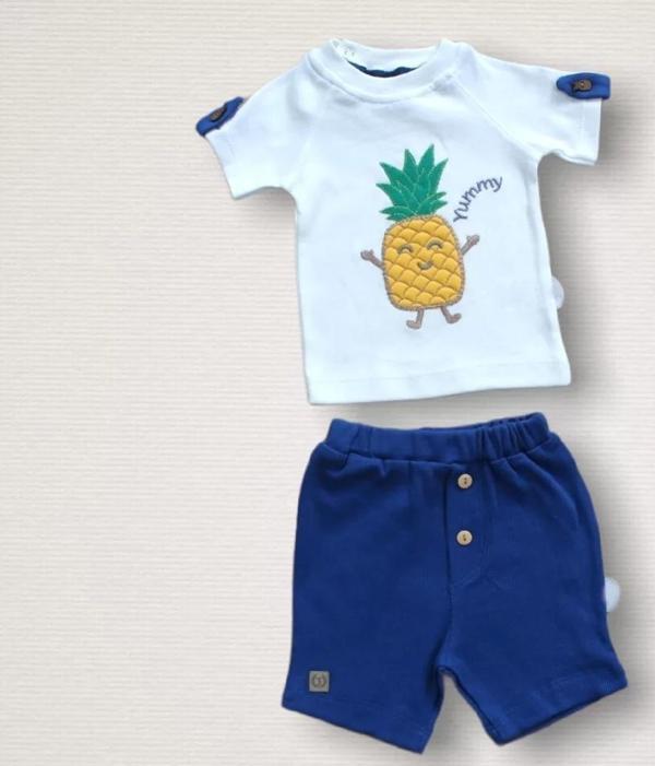 6-9 9-12 12-18 Ay Ananas Nakışlı Kısa Kollu Sweatli Şortlu 2li Kız-erkek Bebek Takımı Mavi - Image 1