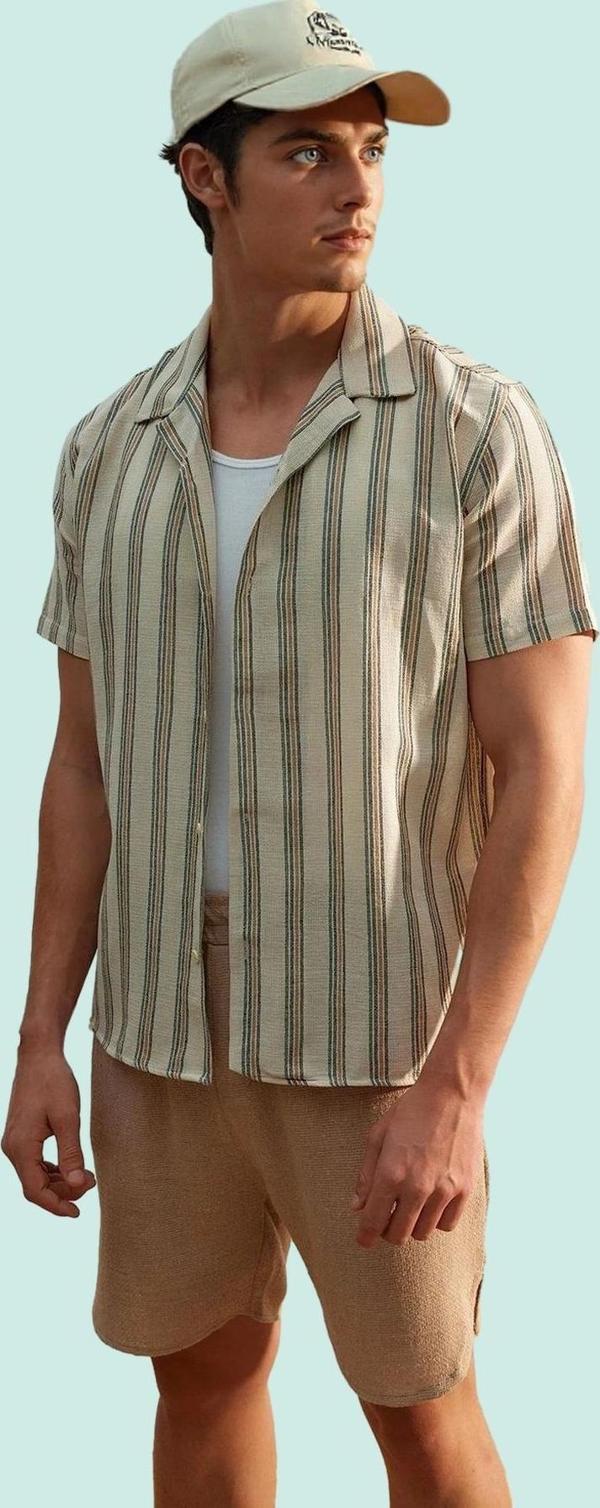 Erkek Kısa Kollu Çizgili Pamuklu Gömlek Yazlık Rahat Kombinler İçin Yaz Aylarının Vazgeçilmezi - Image 1