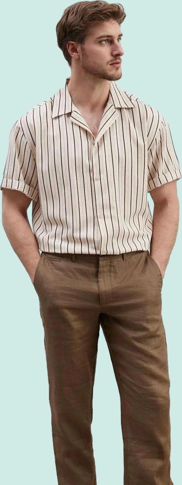 Erkek Basic Oversize Keten Karışımlı Gömlek Çizgili Apaş Yaka Rahat Günlük Kaliteli Malzeme - Image 1