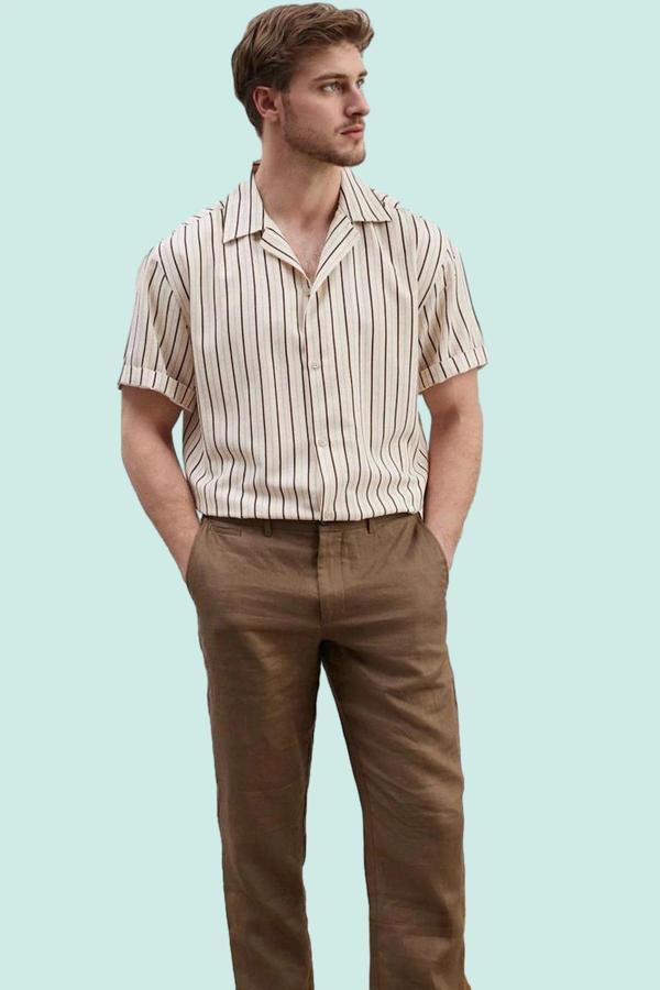 Erkek Basic Oversize Keten Karışımlı Gömlek Çizgili Apaş Yaka Rahat Günlük Kaliteli Malzeme - Image 1