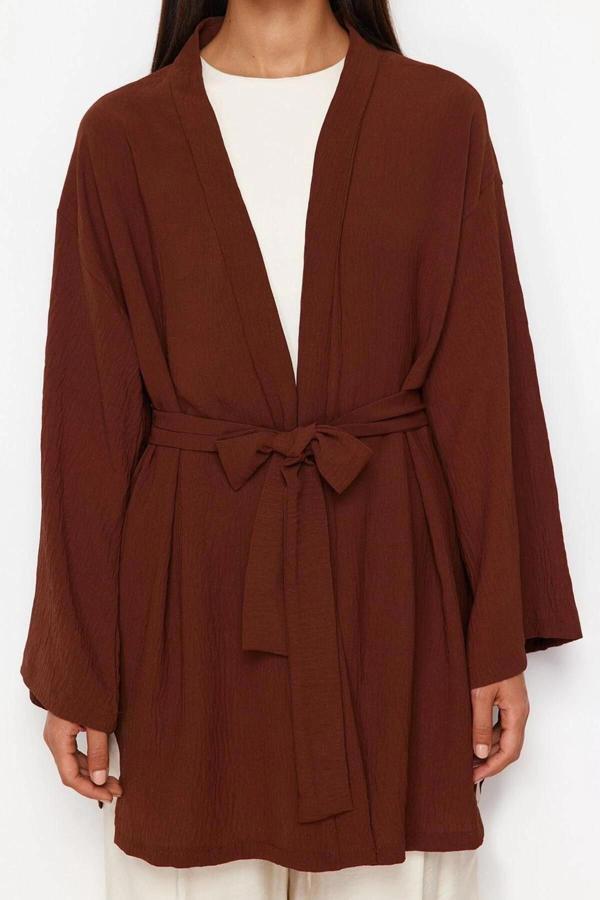 Moda Dokuma Rahat Kalıp Midi V Yaka Düşük Kol Keten görünümlü Kruvaze Tesettür Giyim Kimono Kaftan - Image 1
