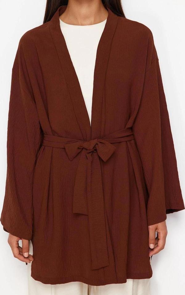 Moda Dokuma Rahat Kalıp Midi V Yaka Düşük Kol Keten görünümlü Kruvaze Tesettür Giyim Kimono Kaftan - Image 1