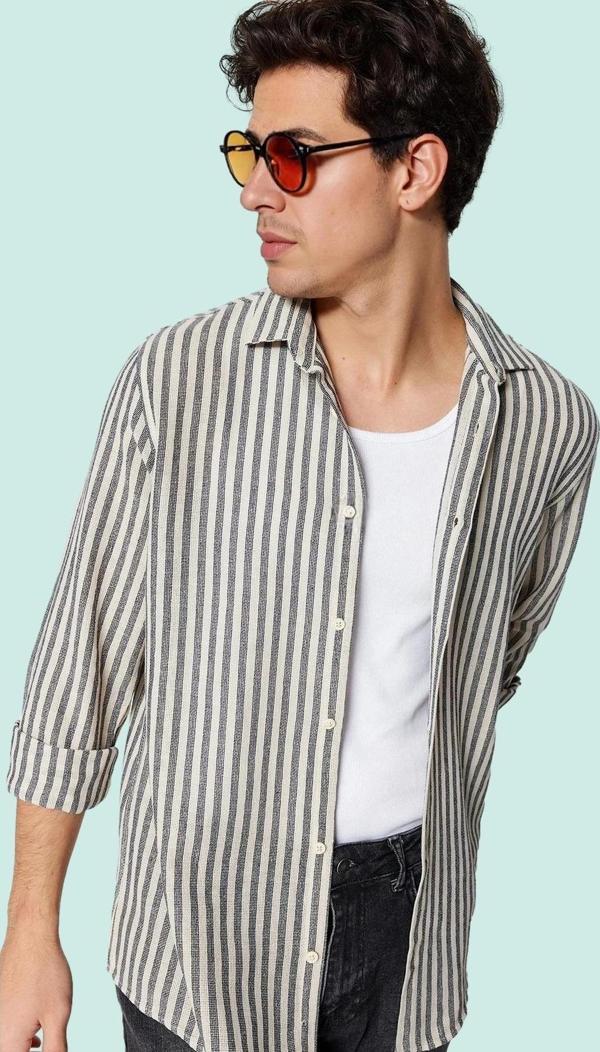 Erkek Klasik Çizgili Gömlek Pamuk Rahat Kesim Günlük Ve İş Hayatı Yaz Aylarının Vazgeçilmezi - Image 1