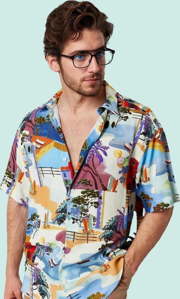 Erkek Viskoz Dokuma Baskılı Kısa Kollu Gömlek Rahat ve Şık Günlük Kombinler Modern Tasarım - Image 1