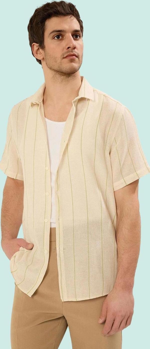 Erkek Çizgili Dokuma Gömlek Regular Fit Kısa Kol Yazlık Günlük Hafta Sonu Kaliteli Malzeme - Image 1