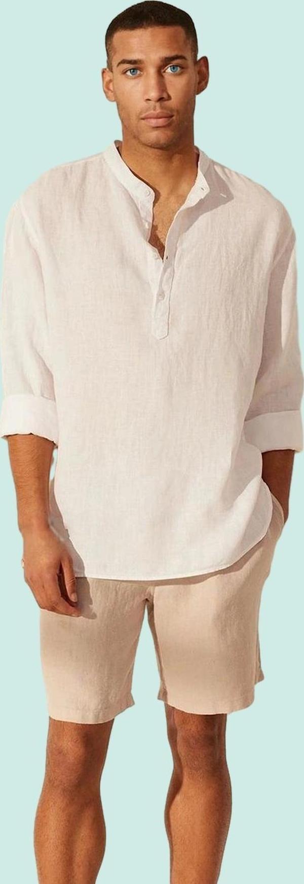 Erkek Keten Basic Gömlek Hakim Yaka Uzun Kollu Rahat Günlük Kullanım Yaz Aylarının Vazgeçilmezi - Image 1