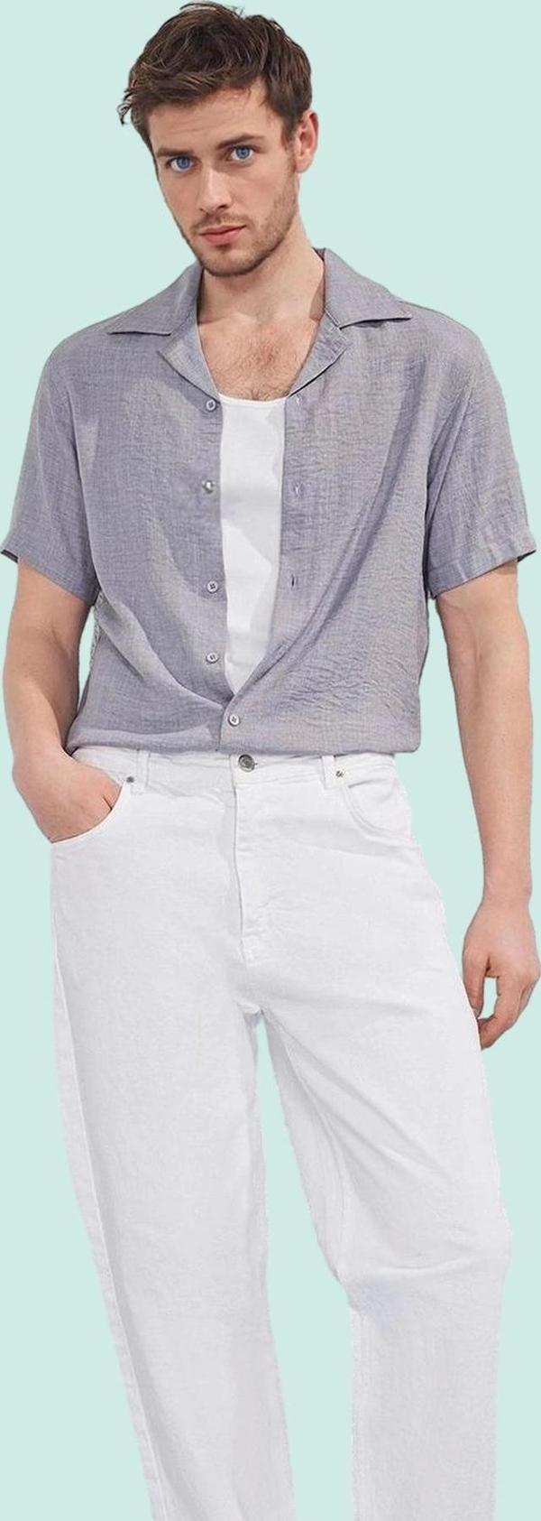 Erkek Regular Fit Polyester Gömlek; Keten Görünümlü Apaş Yaka Kısa Kol Yazlık Günlük Kullanım - Image 1