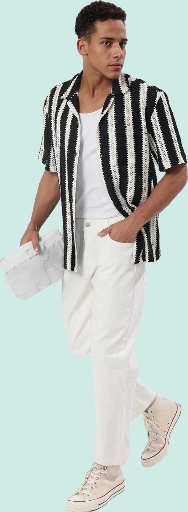 Erkek Kısa Kollu Dokulu Triko Gömlek Apaş Yaka Oversize Günlük Kombinler İçin Modern Tasarım - Image 1