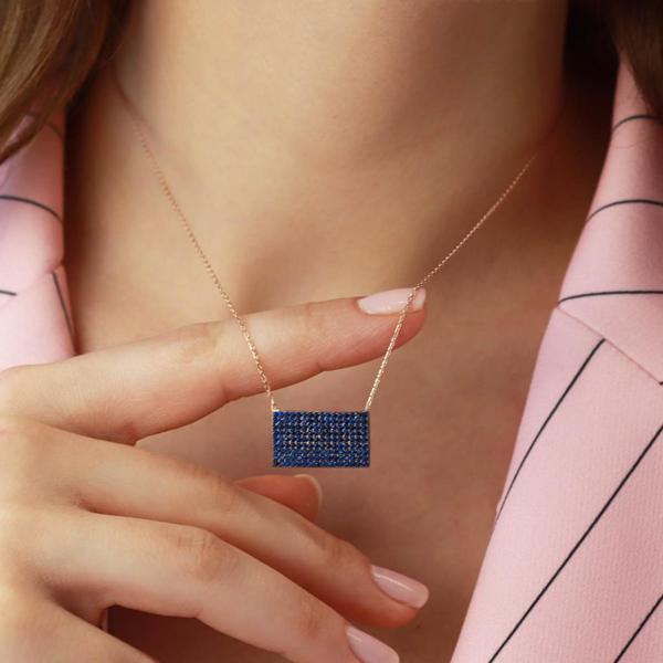 Lacivert Zirkon Taşlı Rose Gold Kaplama Dikdörtgen Gümüş Kolye - Image 1