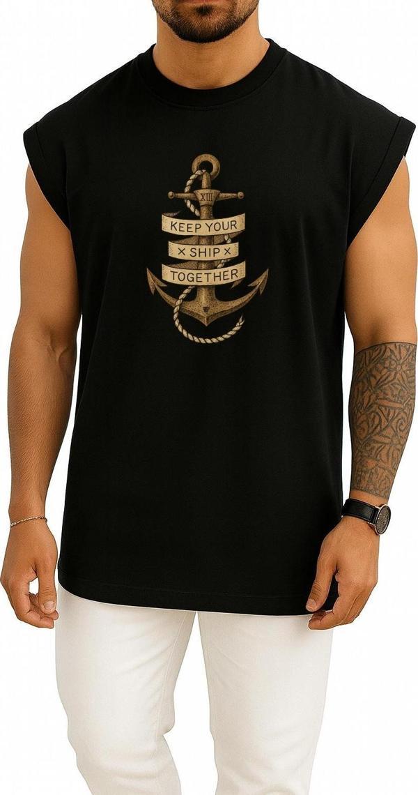 Oversize Keep Your Ship Together Çıpa Göğüs Tasarımlı Unisex Spor Atlet - Image 1