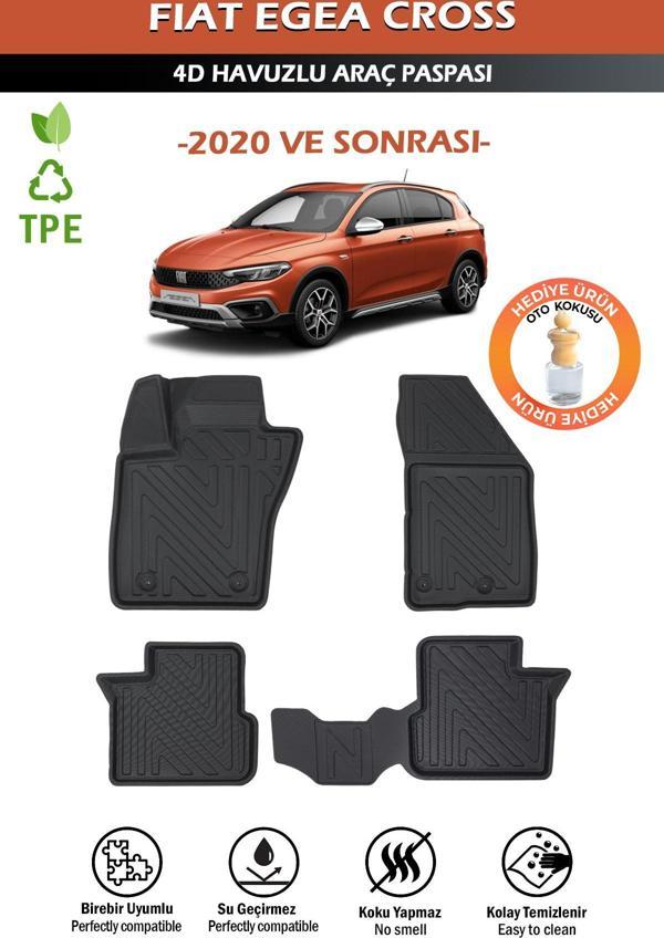 Havuzlu 4d Siyah Paspas Takımı,Fiat-Egea-Cross 2020 Ve Sonrası4d Havuzlu Paspas Hediye Araç Kokusu - Image 1