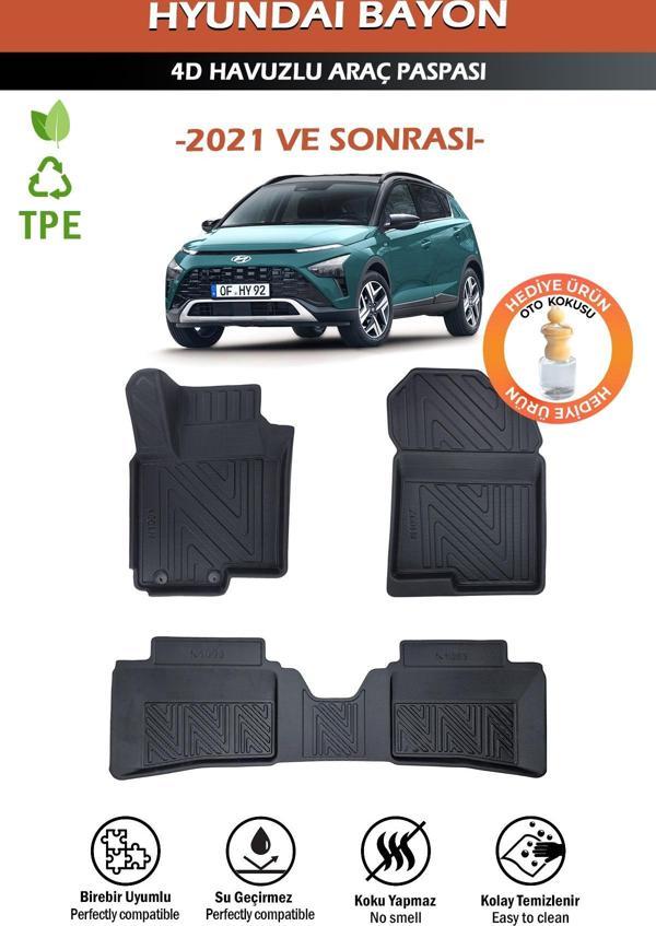 Havuzlu 4d Siyah Paspas Takımı,Hyundai-Bayon 2021 Ve Sonrası 4d Havuzlu Paspas Hediye Araç Kokusu - Image 1