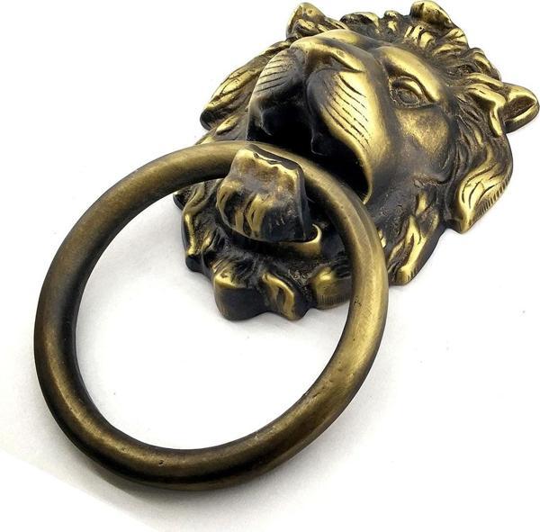 Antika Tarz Dekoratif Pirinç Aslan Kapı Tokmağı, Taktak - 102x130 mm, Antik - Image 1