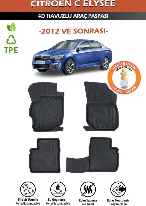 Havuzlu 4d Siyah Paspas Takımı,Citroen C-Elysee 2012 Ve Sonrası 4d Havuzlu Paspas Hediye Araç Kokusu - Image 1