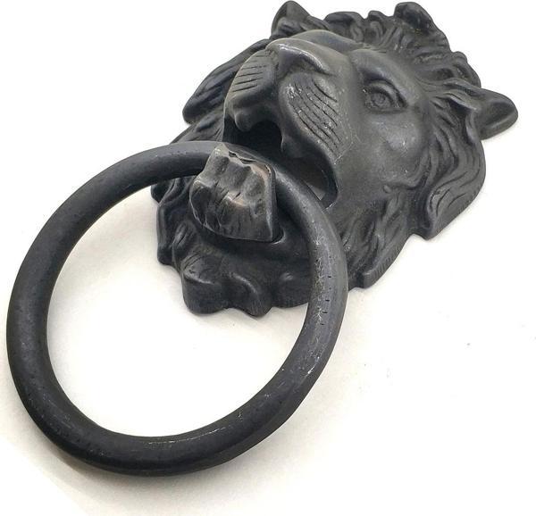 Antika Tarz Dekoratif Pirinç Aslan Kapı Tokmağı, Taktak - 102x130 mm, Oksit - Image 1