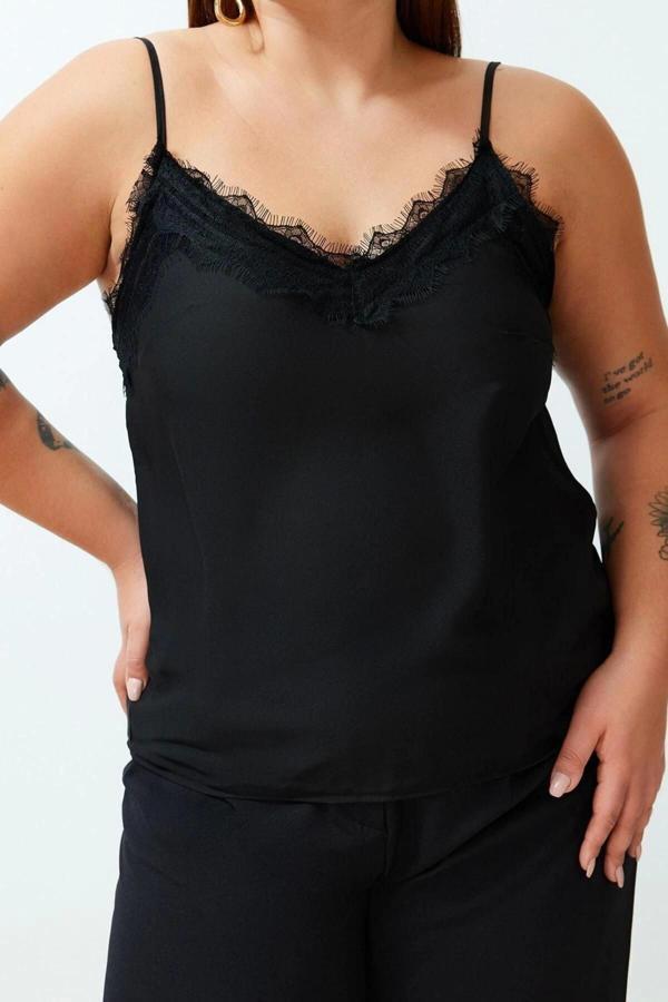 Moda Büyük Beden V Yaka Dokuma Regular Düz Desen Casual Günlük Regular Askılı Kol Bluz - Image 1