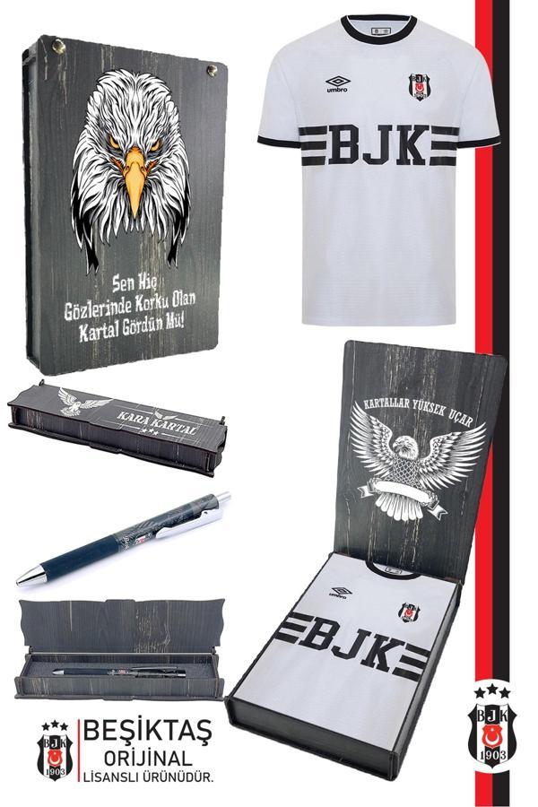 Beşiktaş Orijinal Lisanslı Nostalji Beyaz Bjk Forma + Tükenmez Hybrit Kalem Set Hediyelik Ahşap Kutu - Image 1