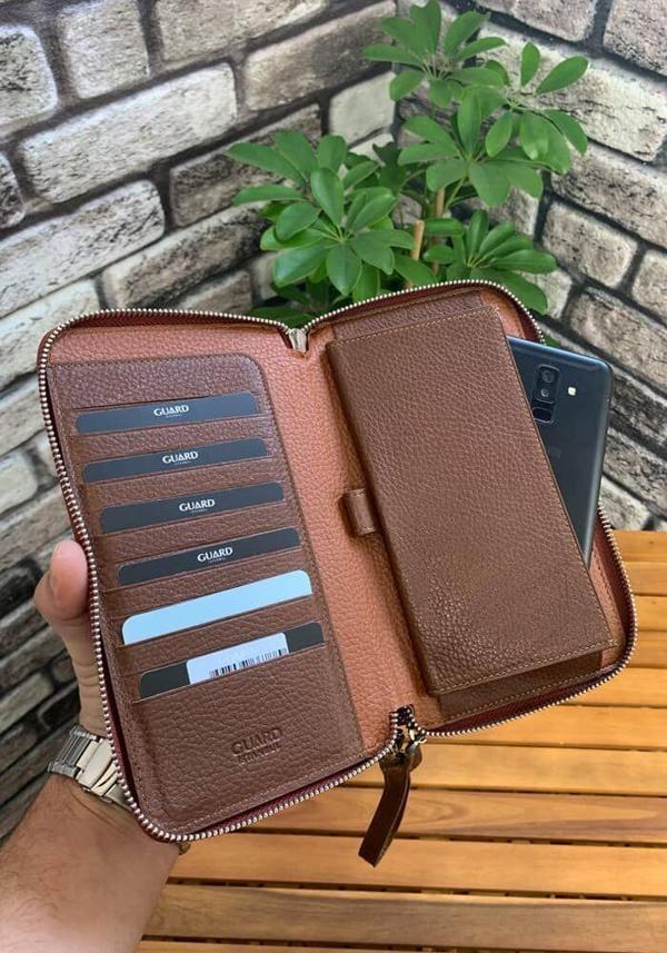 Guard Çift Fermuarlı Taba Hakiki Deri El Çantası Erkek / Kadın P3031 - Image 1