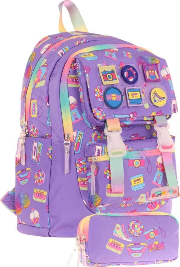 Kaukko Armalı Hobi Desenli Okul Çantası + Kalemlik Seti (L5238+L8238) Kız Çocuk - Mor - Image 1