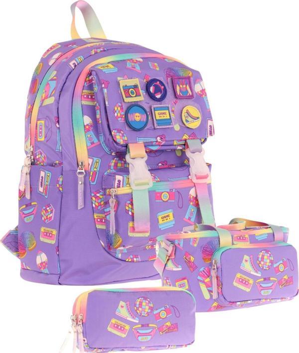 Kaukko Kids Armalı Hobi Desenli Kız Çocuk Üçlü İlkokul Okul Çantası Seti - Mor - Image 1