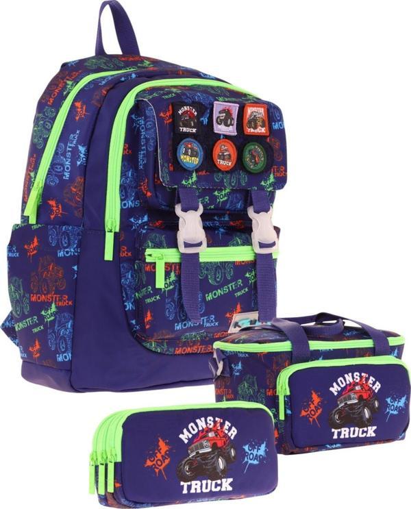 Kaukko Kids Armalı Kamyon Desenli Erkek Çocuk Üçlü İlkokul Okul Çantası Seti - Lacivert Yeşil - Image 1