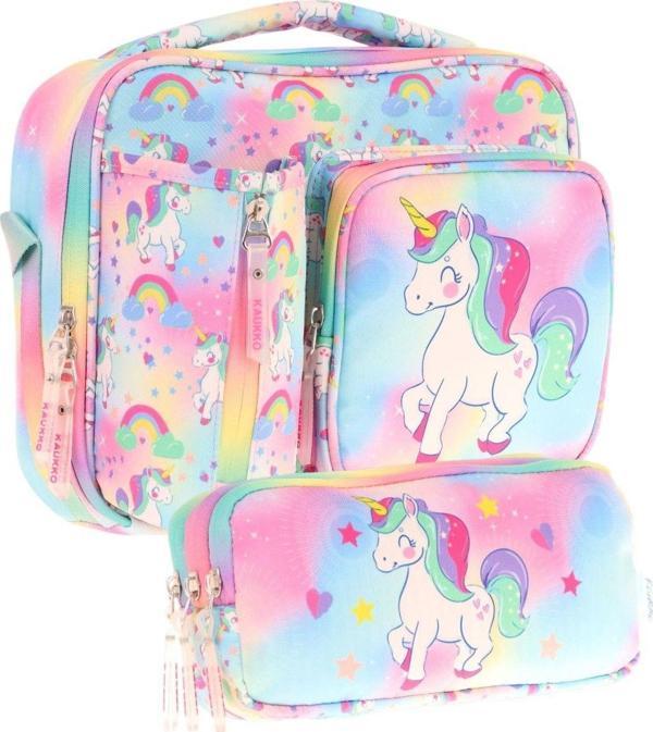 Kaukko Kids Kız Çocuk Çok Renkli Unicorn Baskılı Üç Bölmeli Thermo Beslenme Çantası ve Kalemlik Seti (L7243+L8243) - Image 1