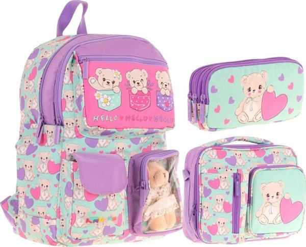 Kaukko Kids Kız Çocuk İlkokul Okul Çantası Seti - Peluş Ayıcıklı - Yeşil Mor (L5239+L7239+L8239) - Image 1